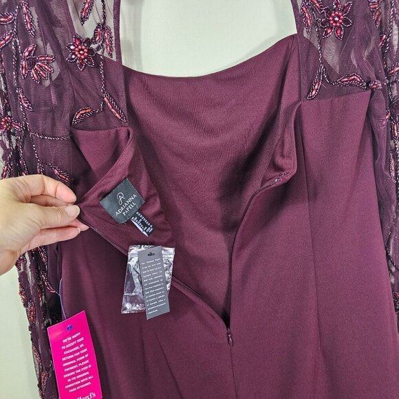 Adrianna Papell Beaded Mermaid Dress Gown Sz 16 Burgundy Mesh Sleeves Formal - Picture 5 of 16